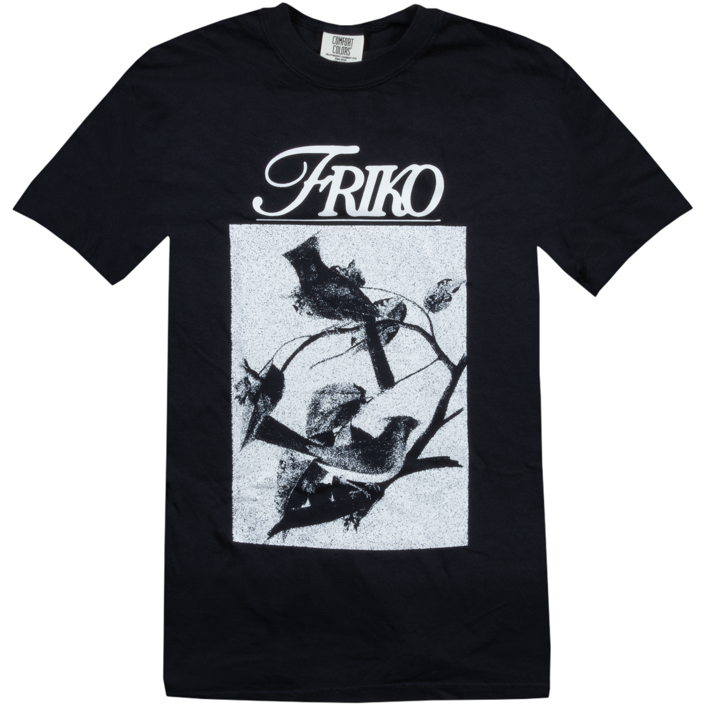 tee-black-"Friko"with faded photo of birds on branch with leaves