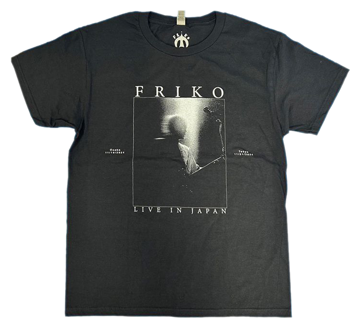 tee-back-"Friko Live in Japan" photo of Friko on stage with guitar and 2024 tour dates and cities